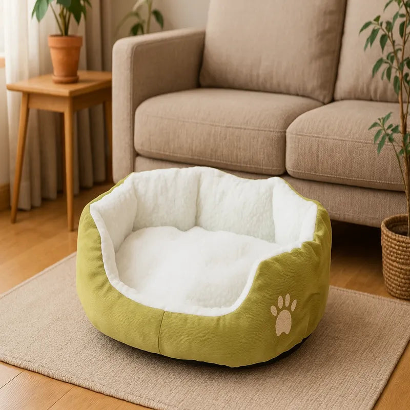 Coussin chat vert doux dans un salon chaleureux