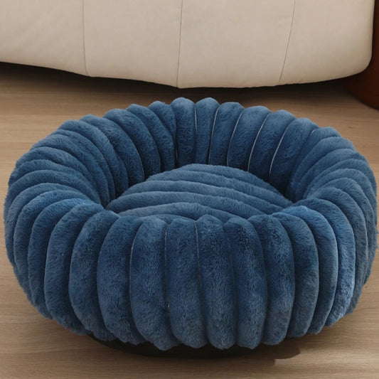 coussin pour chat bleu cyan dans un salon