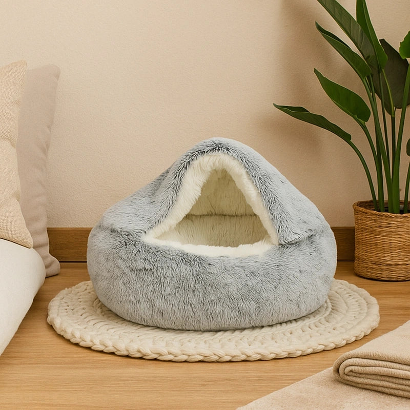 coussin pour chat gris en peluche longue