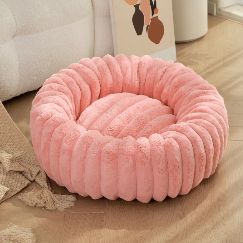 Coussin pour chat rond en peluche rose douillette