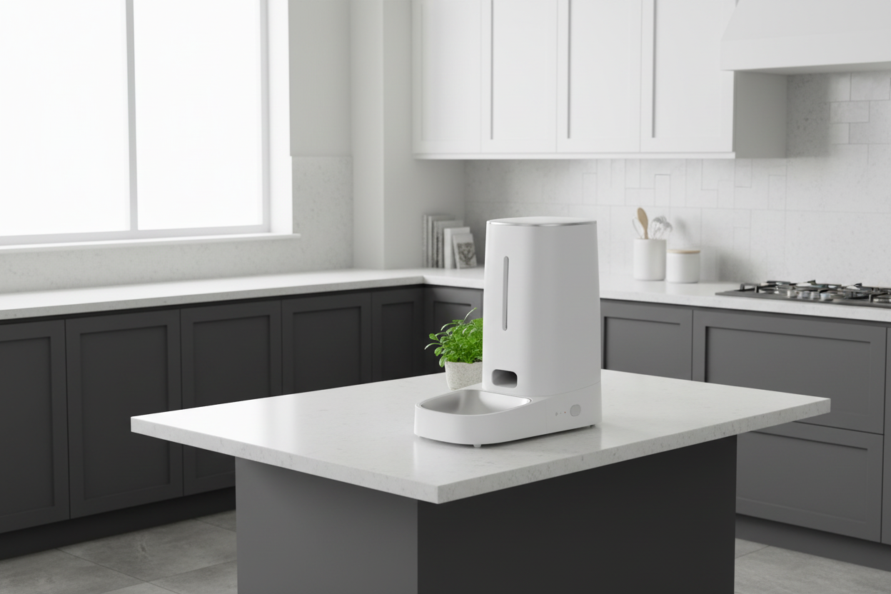 distributeur automatique de croquettes pour chat blanc dans cuisine