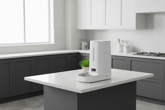 distributeur automatique de croquettes pour chat blanc dans cuisine