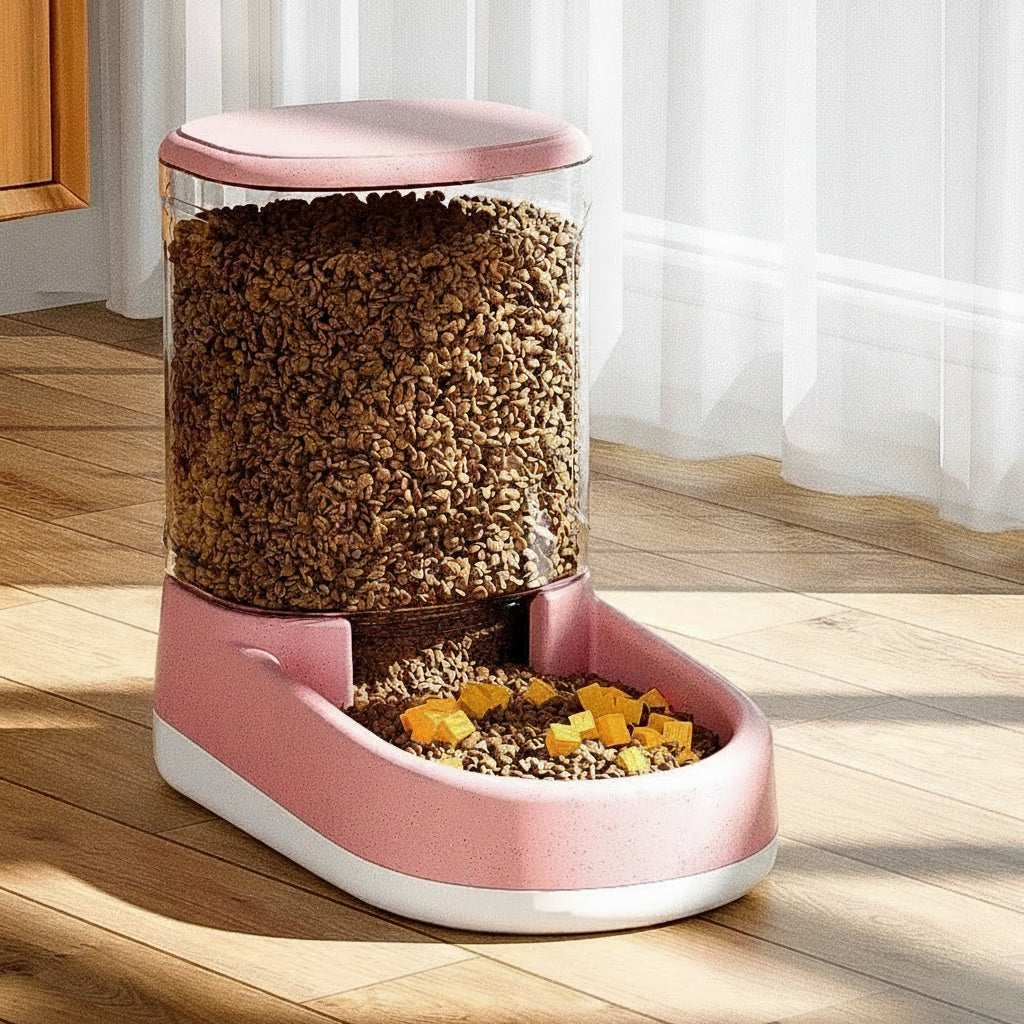 distributeur croquettes chat automatique de couleur rose