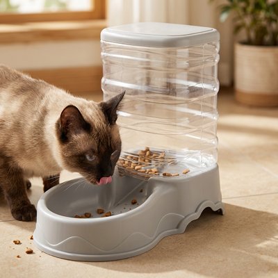 Distributeur croquettes Chat automatique près gamelle et chat brun