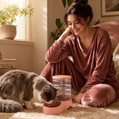 Distributeur croquettes Chat avec propriétaire nourrissant son animal