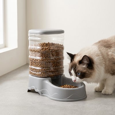 Distributeur croquettes Chat design moderne avec chat beige curieux