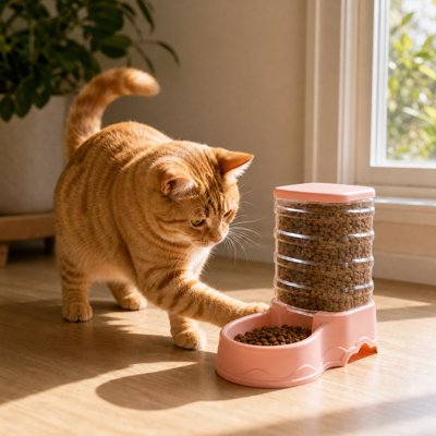 Distributeur croquettes Chat rose avec chat roux dans salon lumineux