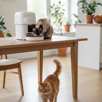 Distributeur de croquettes pour Chat automatique blanc avec chat mangeant 