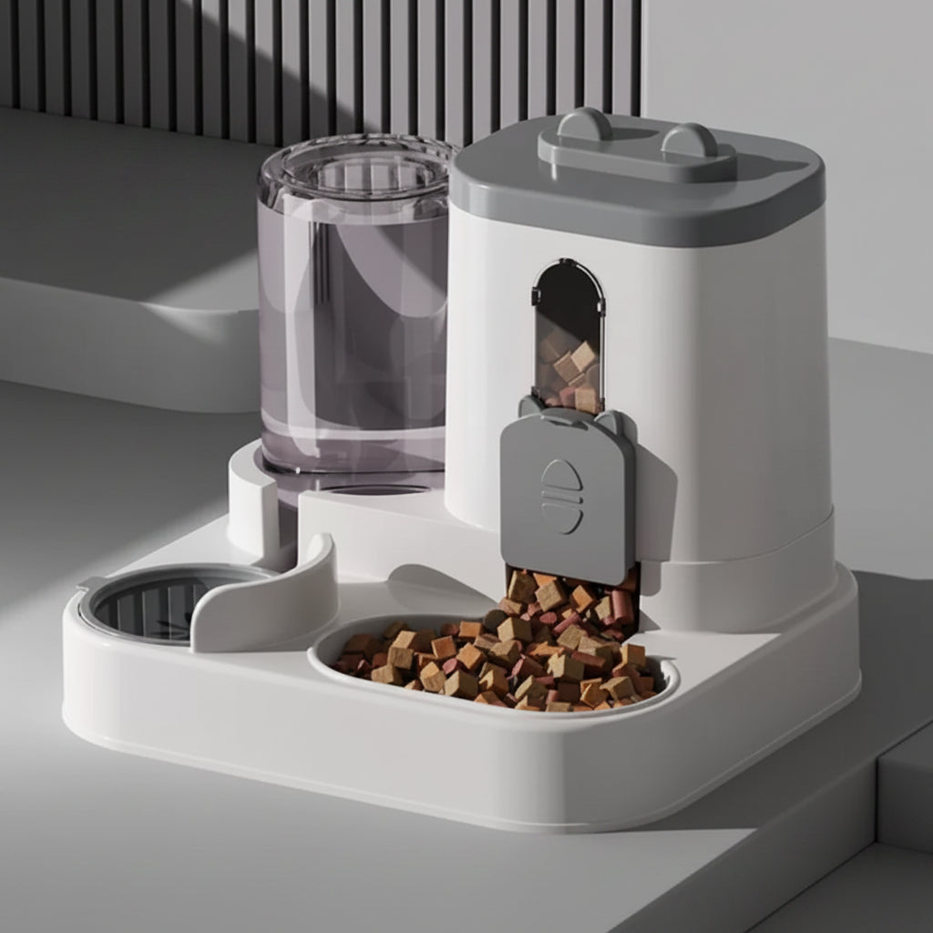 distributeur de croquettes chat gris combo
