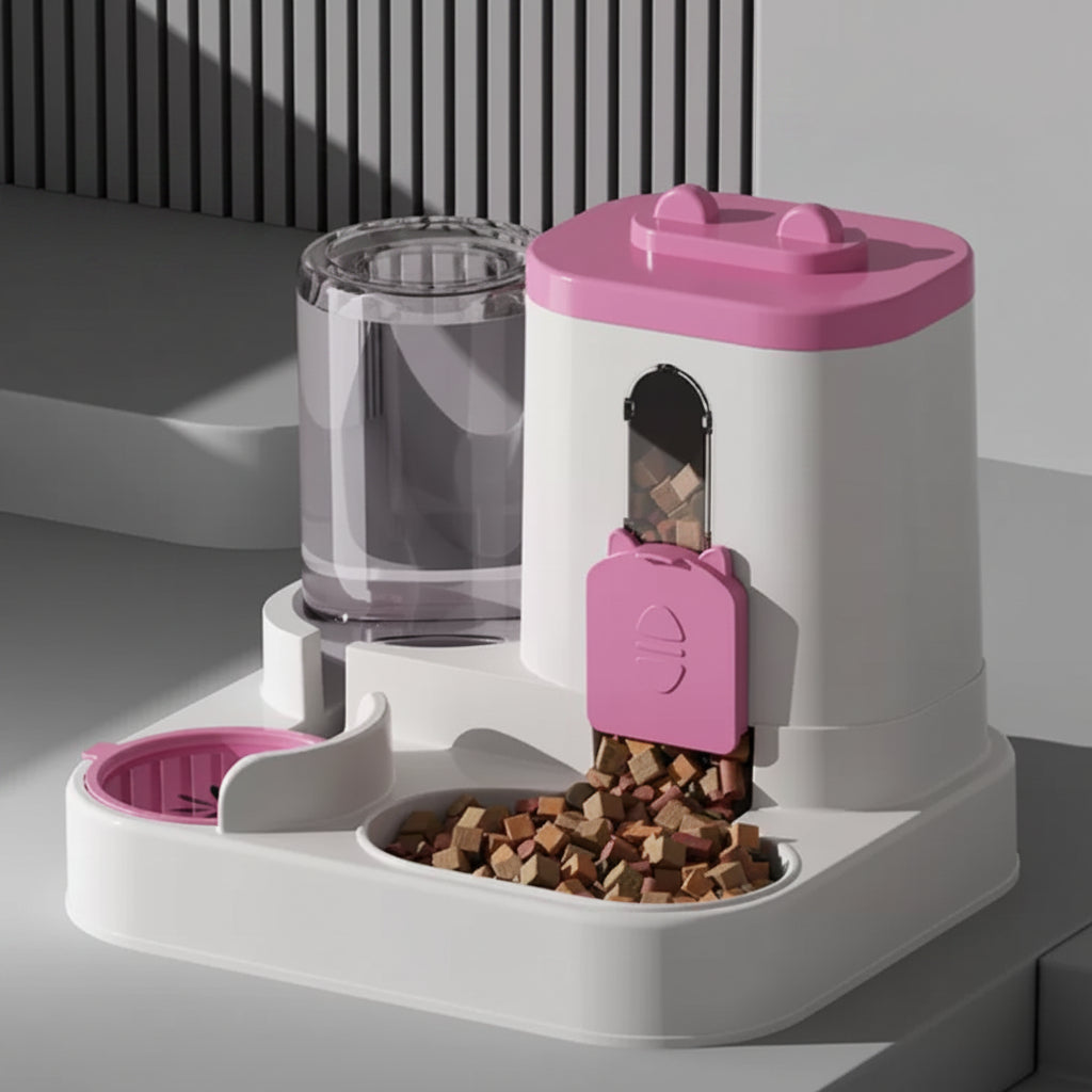 distributeur de croquettes chat rose combo