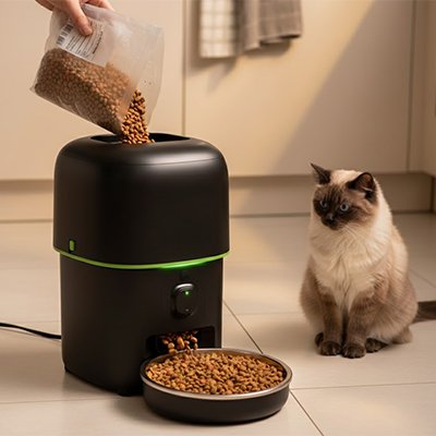 Distributeur de croquettes pour Chat noir rempli de croquettes avec chat beige assis à côté