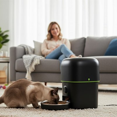 Distributeur de croquettes pour Chat noir avec chat beige mangeant