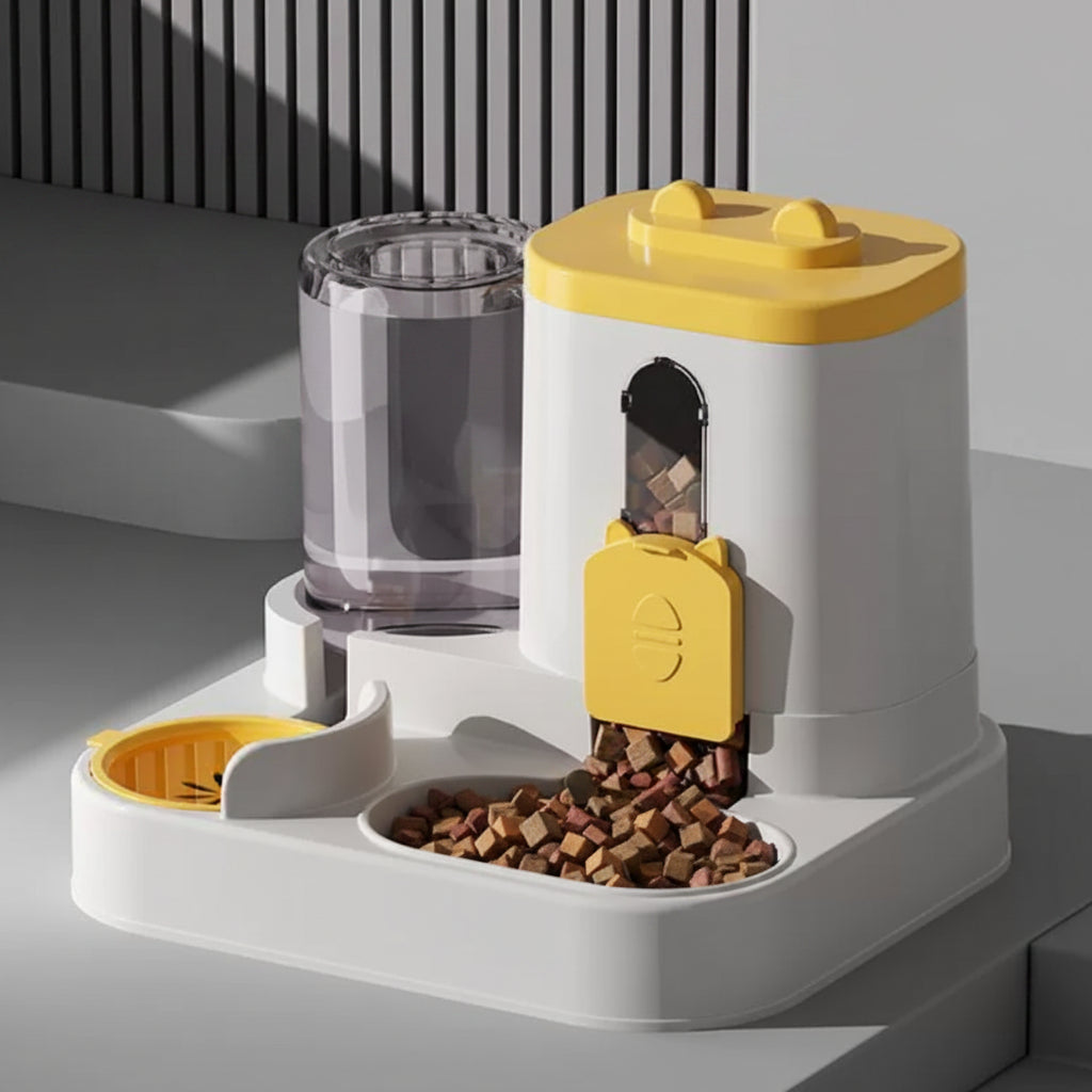 distributeur de croquettes chat jaune combo