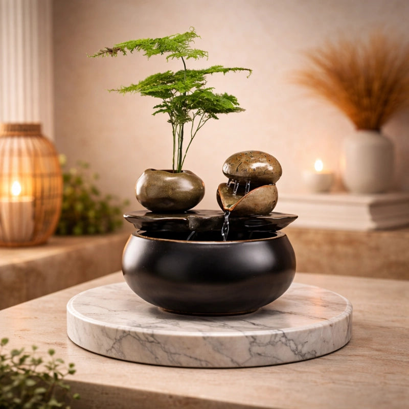 fontaine à eau chat design bonsai sur un présentoir en marbre