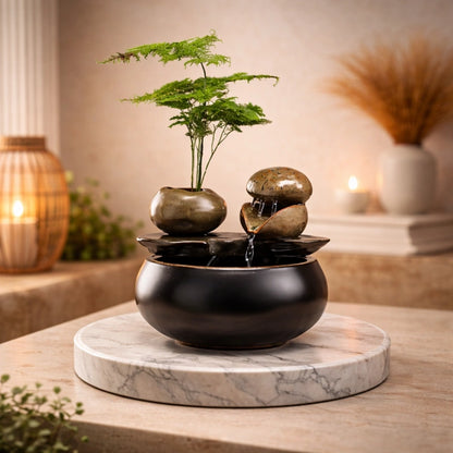 fontaine à eau chat design bonsai sur un présentoir en marbre