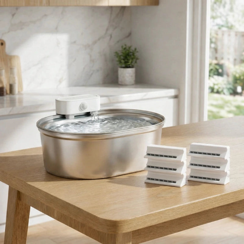 fontaine-à-chat-inox-sur-une-table-avec-filtre-de-remplacement