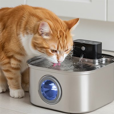 Fontaine a eau Chat en acier inoxydable avec chat qui boit