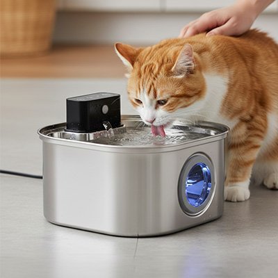 Fontaine a eau Chat en acier inoxydable avec chat