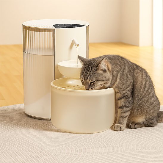 Fontaine eau chat beige avec chat gris