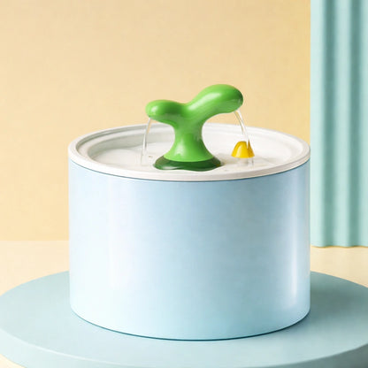Fontaine a eau chat bleue sur table ronde