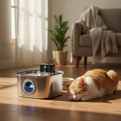 Fontaine a eau Chat avec chat couché