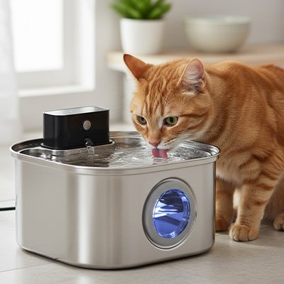 Fontaine a eau Chat en acier inoxydable avec chat roux qui boit