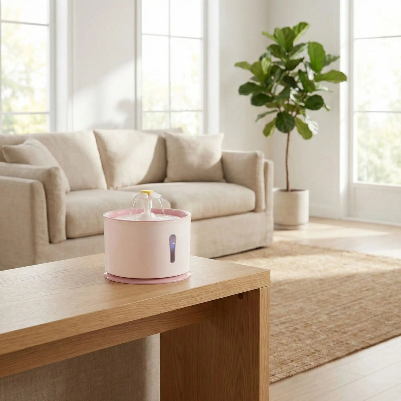 fontaine à eau chat design rose posée sur table
