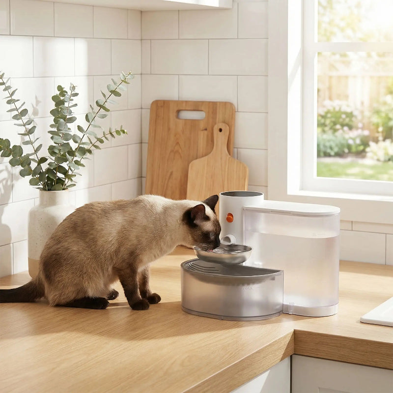 fontaine à eau pour chat avec chat siamois qui boit