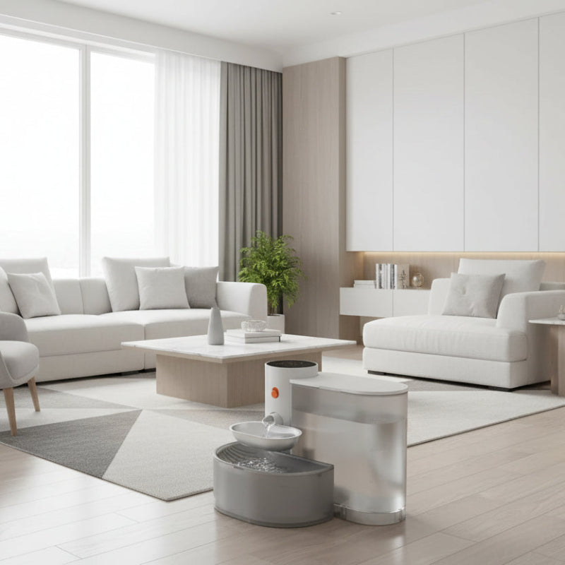 fontaine à eau pour chat avec bol acier inoxydable dans un salon moderne