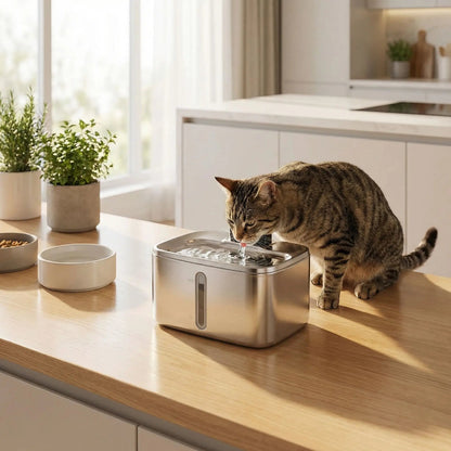 fontaine à eau pour chat sans fil chat boit dans une cuisine