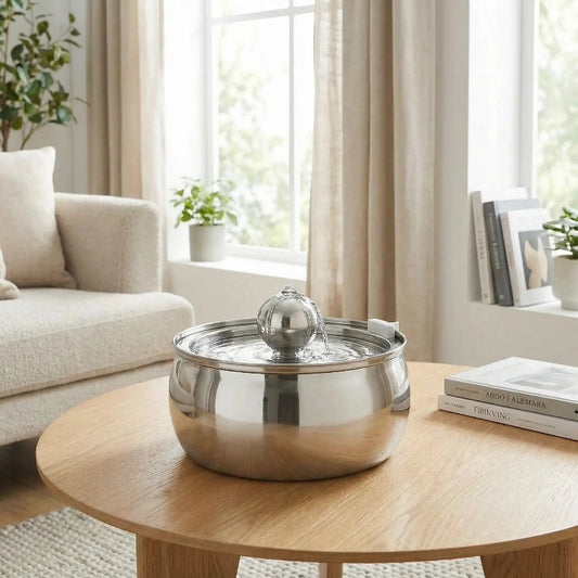 Fontaine à eau pour chat silencieuse en inox sur table salon lumineux