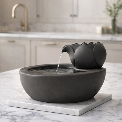 Fontaine à eau pour chat céramique noire sur présentoir marbre cuisine