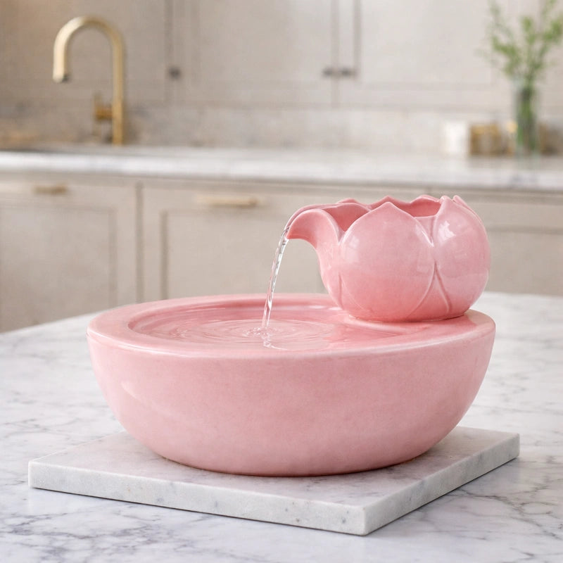Fontaine à eau pour chat en céramique rose sur présentoir