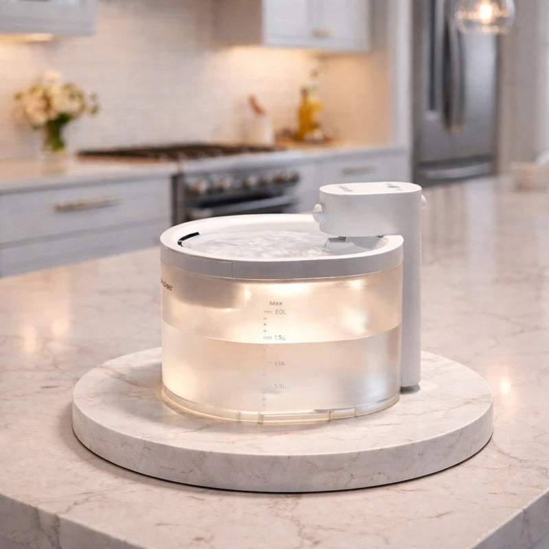 Fontaine à eau pour chat sans fil transparante sur présentoir marbre