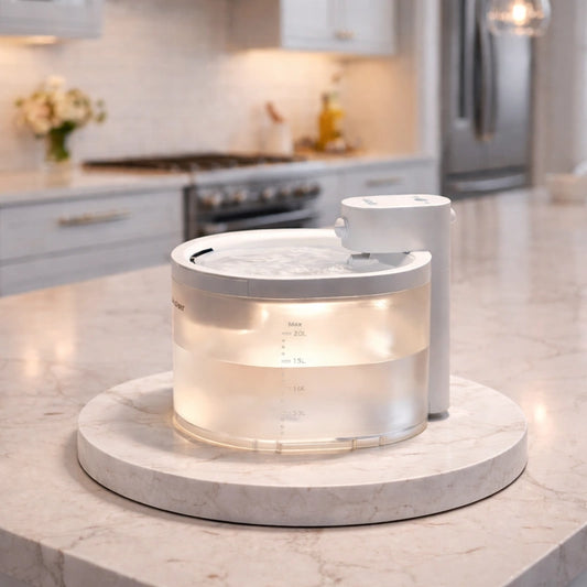 Fontaine à eau pour chat sans fil transparante sur présentoir marbre