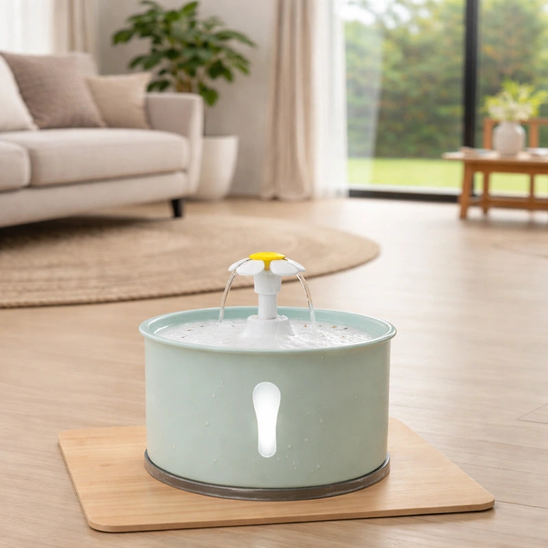 fontaine à eau chat marguerite verte avec led allumée