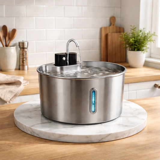 Fontaine à eau pour chat inox sur présentoir cuisine