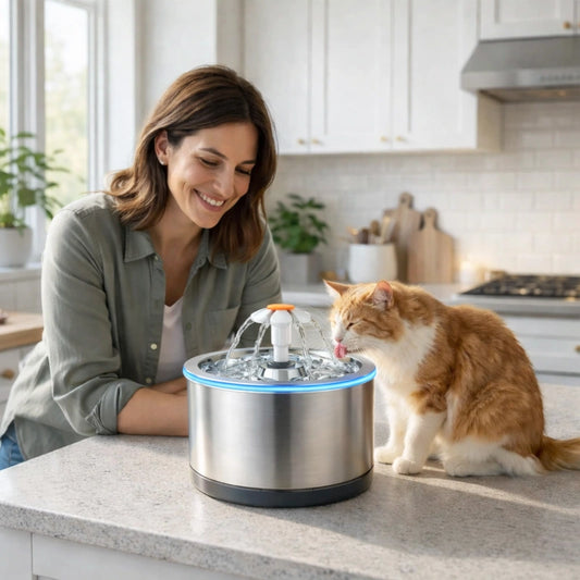 Chat qui boit dans une fontaine à eau chat en inox