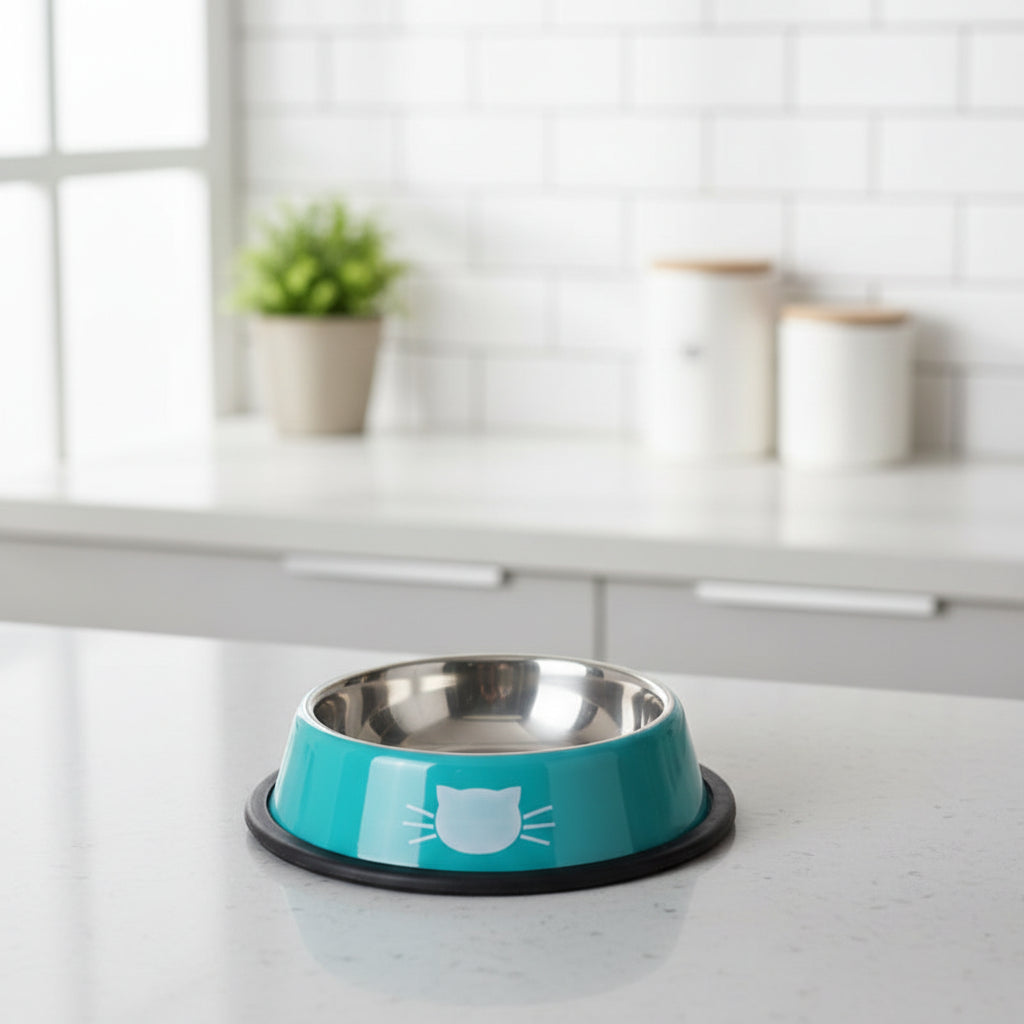gamelle chat inox bleu avec motif face de chat