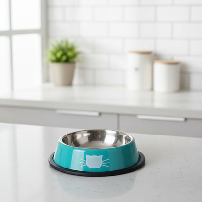 gamelle chat inox bleu avec motif face de chat