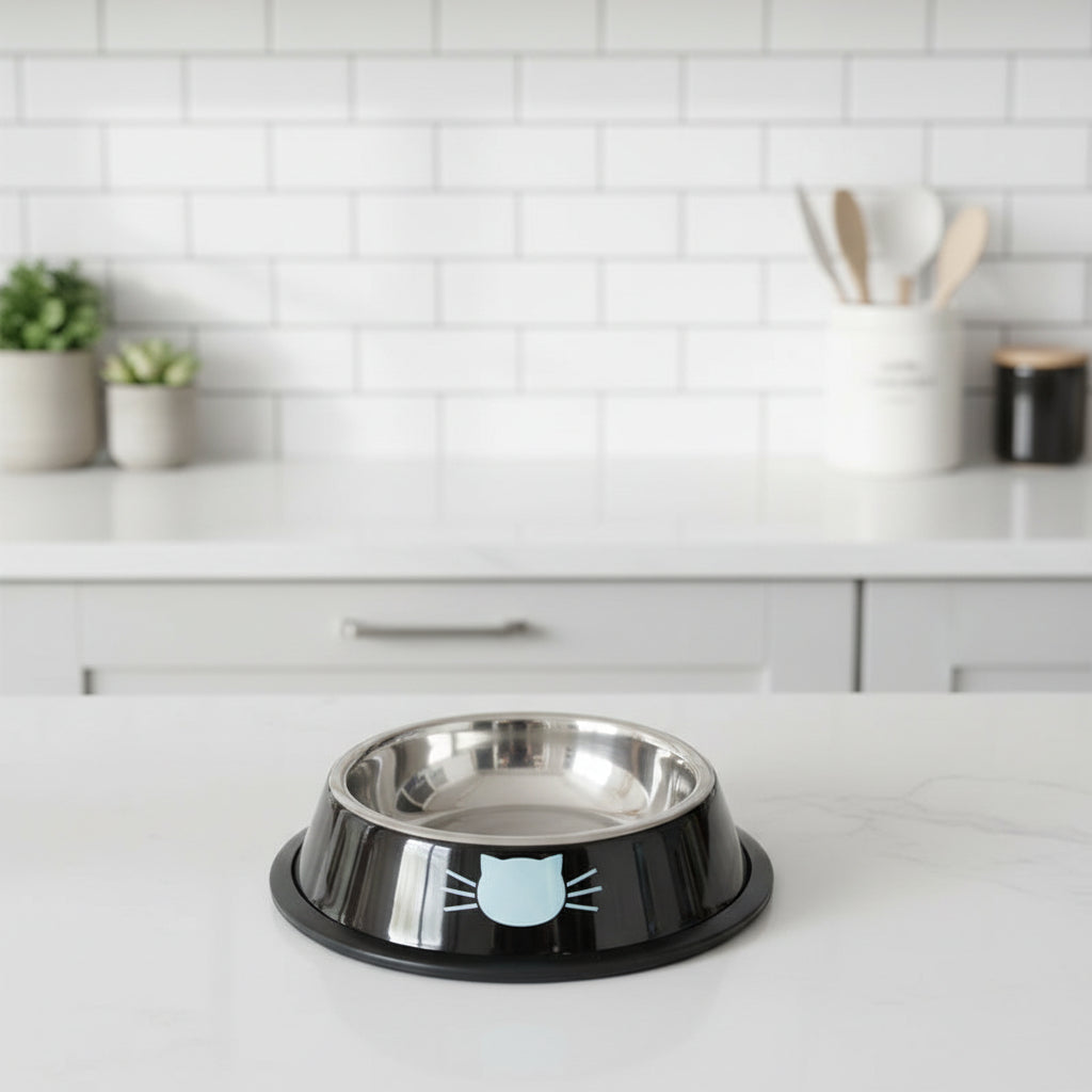 gamelle chat inox noir avec motif face de chat