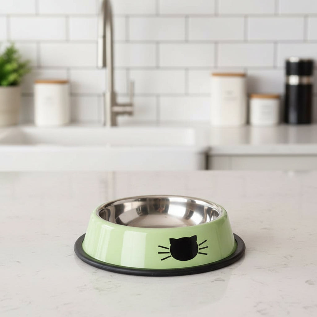 gamelle chat inox vert avec motif face de chat
