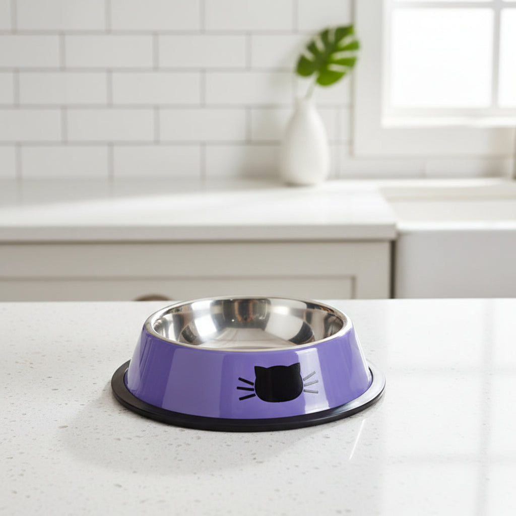 gamelle chat inox violet avec motif face de chat