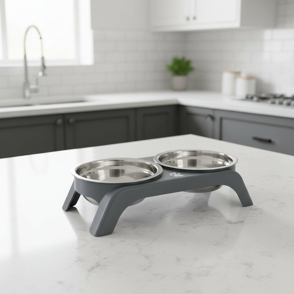 gamelle double pour chat gris avec empreinte