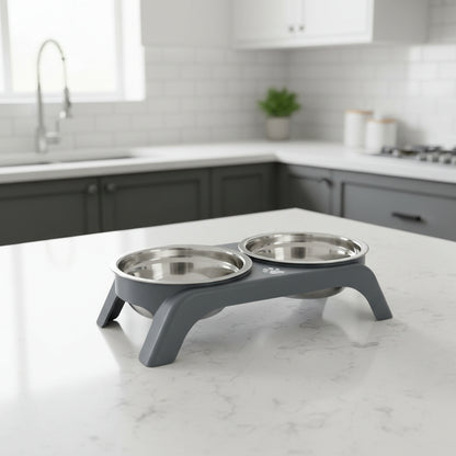 gamelle double pour chat gris avec empreinte
