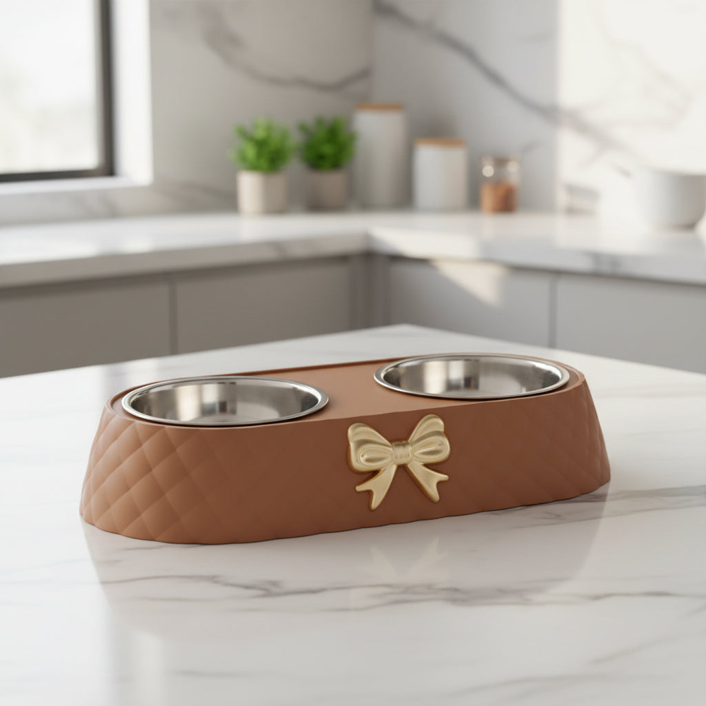 gamelle pour chat brun avec boucle or