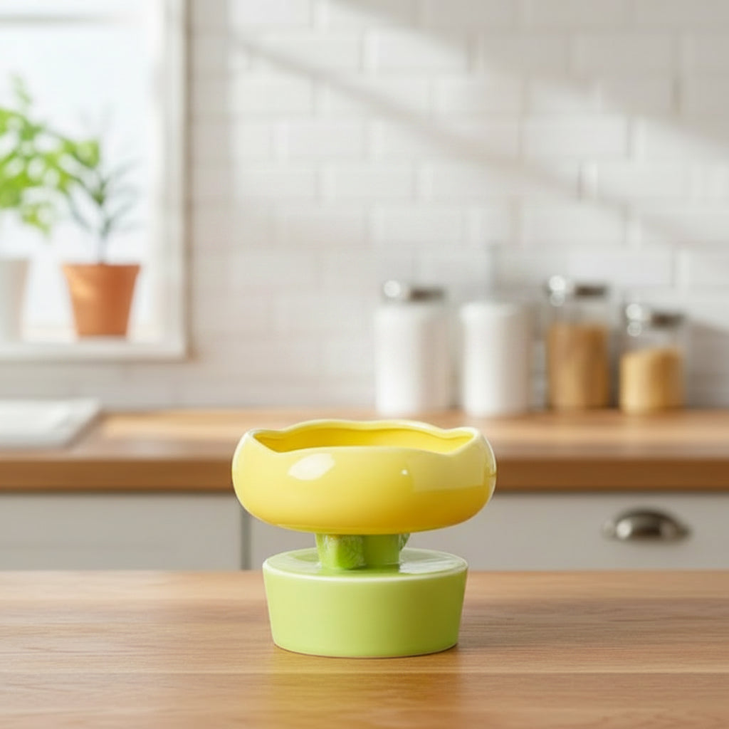 gamelle pour chat surélevée en céramique fleur jaune
