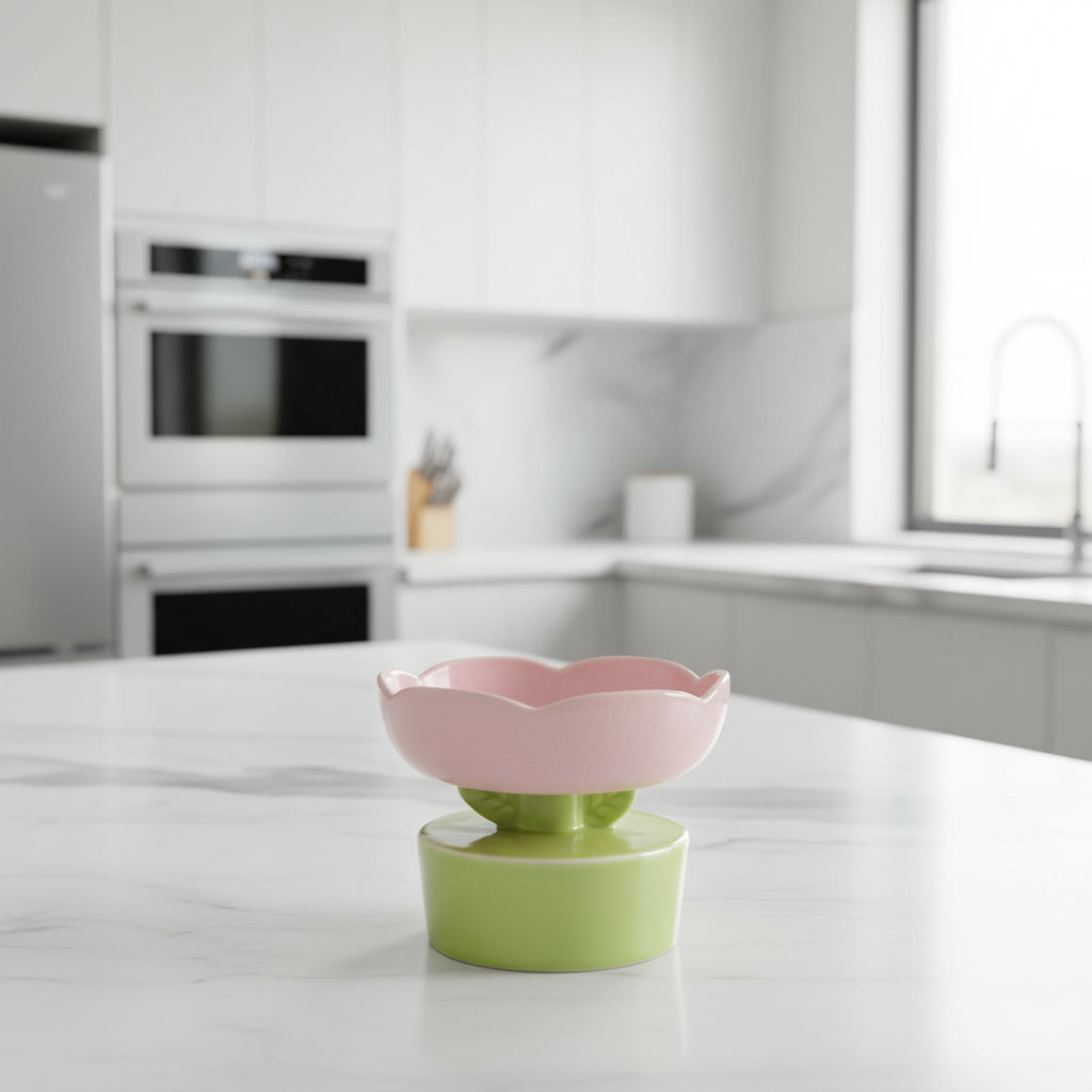 gamelle pour chat surélevée en céramique fleur rose