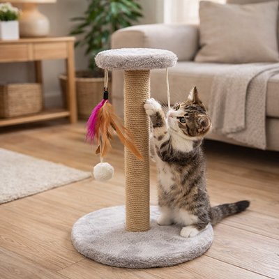 Griffoir Chat  avec chat gris qui grimpe au poteau
