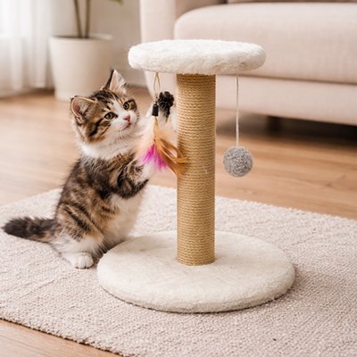 Griffoir Chat beige avec chat assis sur base douce